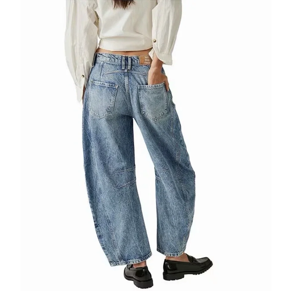 New Free People Good Luck Mid-rise Barrel Jeans Sz 25 Light Beam Jeans Distress